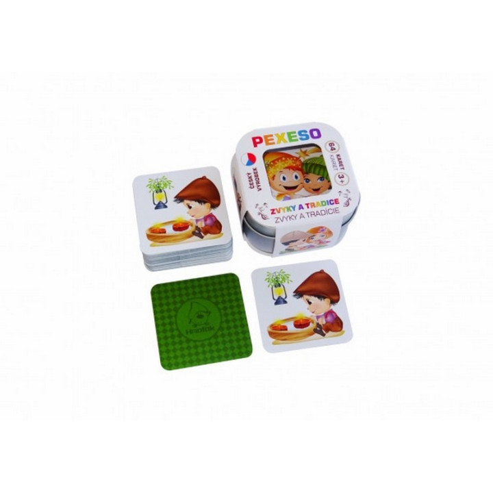 Hmaťák Pexeso zvyky a tradice voděodolné 64 karet v plechové krabičce 6x6x4cm Hmaťák