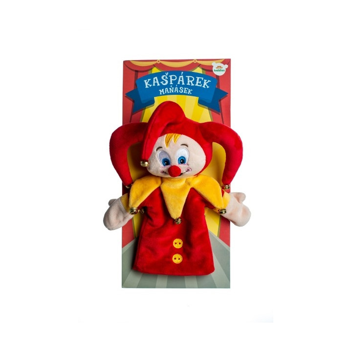 Kašpárek maňásek na ruku plyšový 27cm s rolničkami na kartě