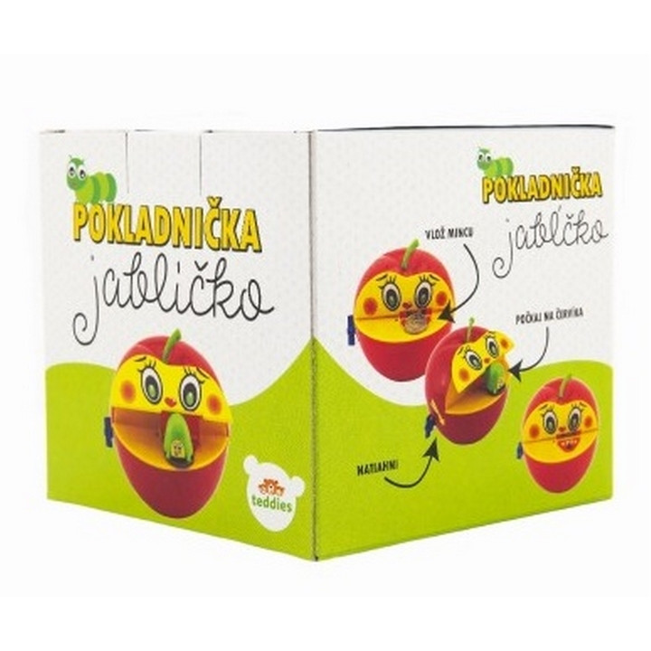 Pokladnička červené jablko s červíkem na klíček plast 11x10cm