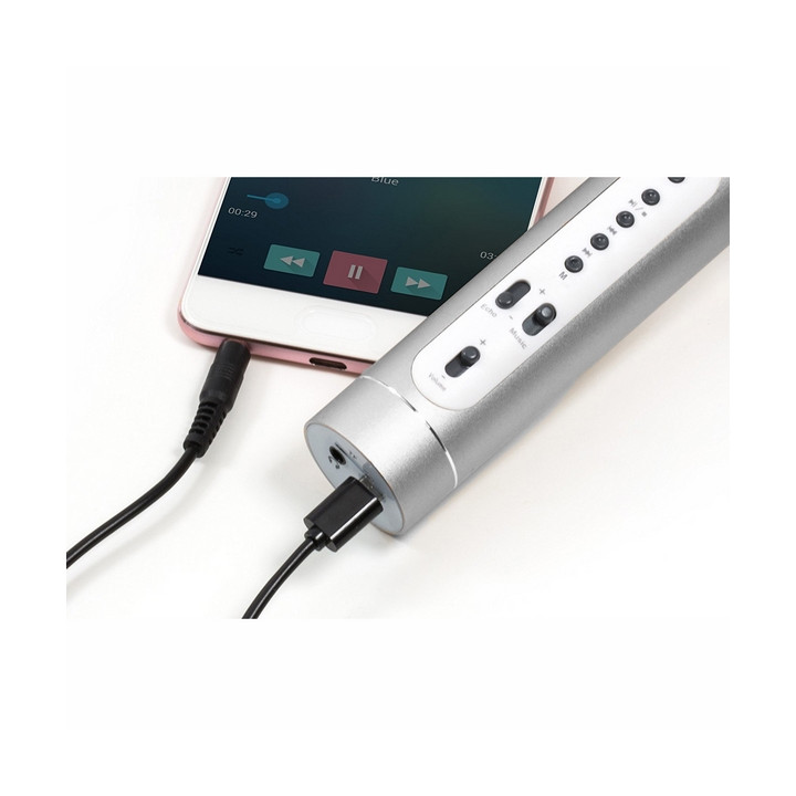 Mikrofon karaoke Bluetooth stříbrný na baterie s USB