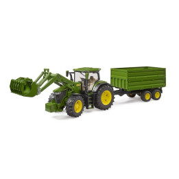 Bruder 3155 traktor John Deere 7R 350 s čelním nakladačem a tandemovým přepravním přívěsem