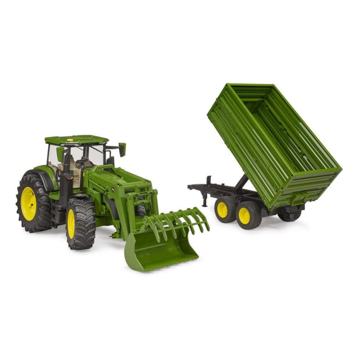 Bruder 3155 traktor John Deere 7R 350 s čelním nakladačem a tandemovým přepravním přívěsem