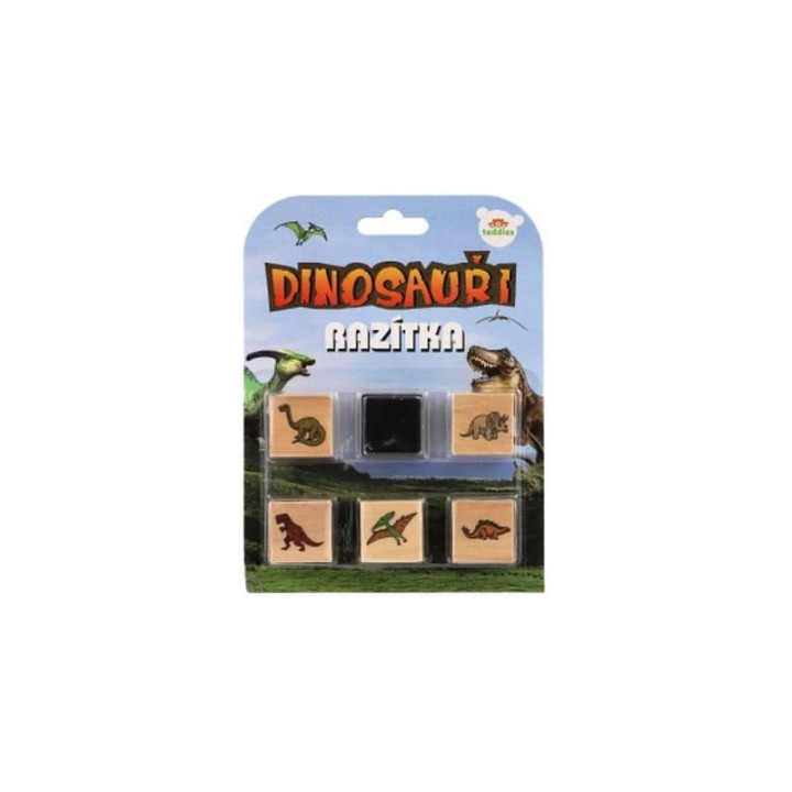 Razítka dřevěná 5+1 s poduškou dinosauři na kartě