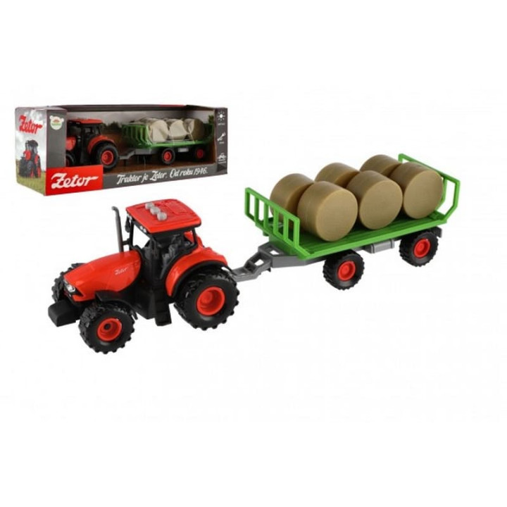 Traktor Zetor s vlekem a balíky plast na setrvačník na baterie se světlem se zvukem v krabici
