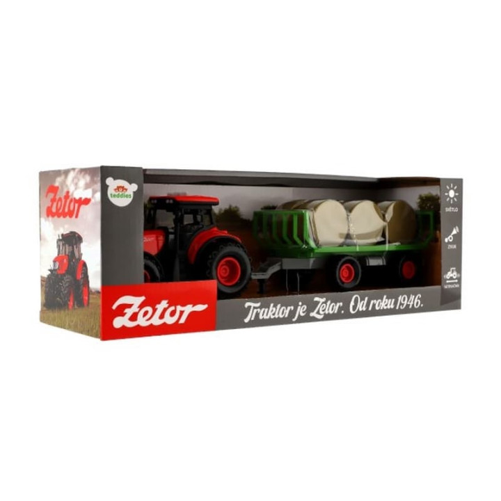 Traktor Zetor s vlekem a balíky plast na setrvačník na baterie se světlem se zvukem v krabici