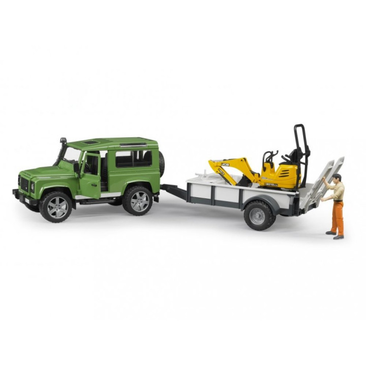 Bruder 2593 LAND ROVER+návěs+mikrobagr JCB+figurka