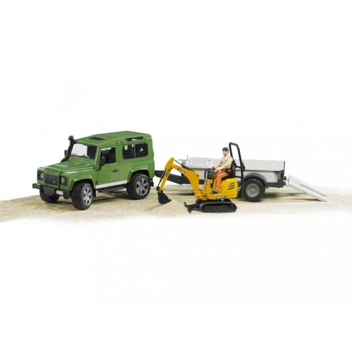 Bruder 2593 LAND ROVER+návěs+mikrobagr JCB+figurka