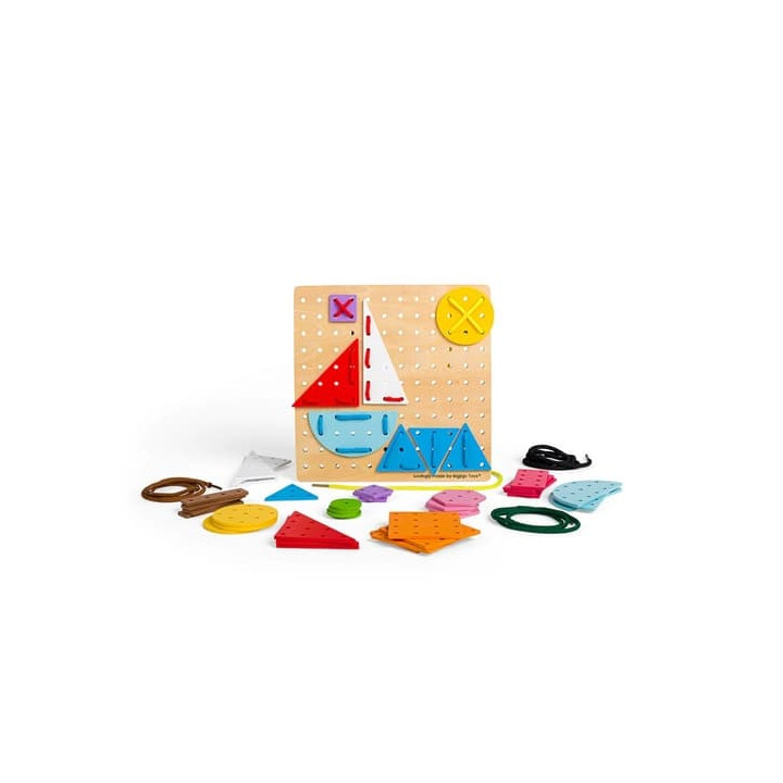 Bigjigs Toys Dřevěná šněrovací hra Geometrické tvary