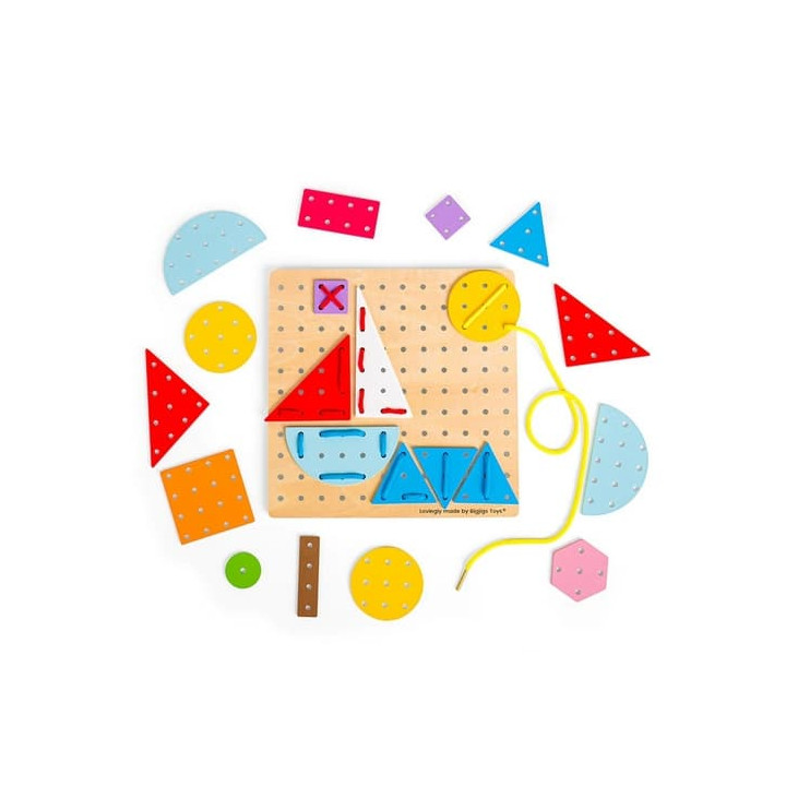 Bigjigs Toys Dřevěná šněrovací hra Geometrické tvary