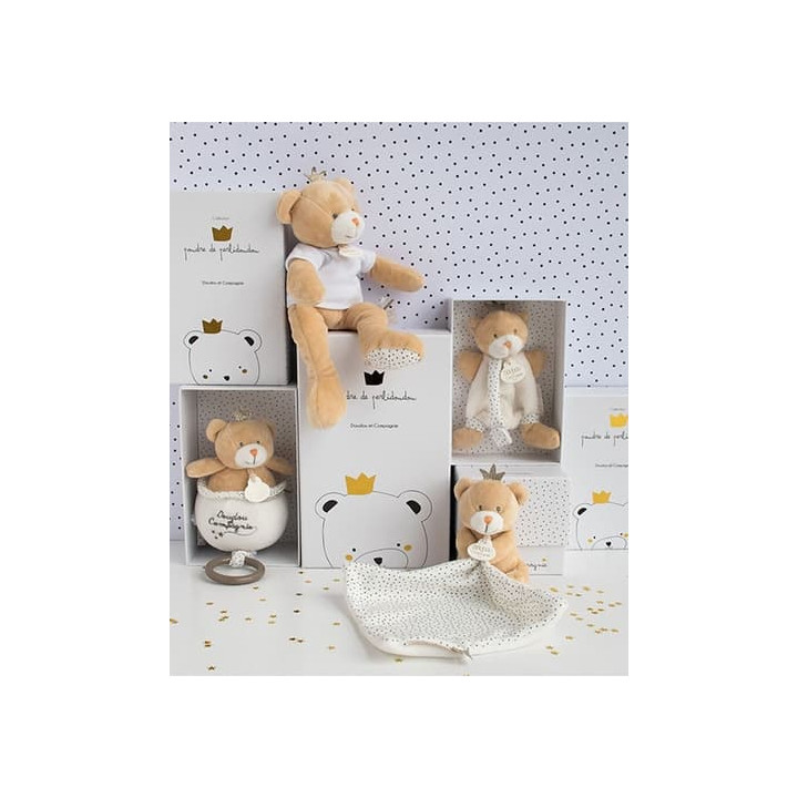 Doudou Dárková sada - Hračka s úchytem na dudlík medvídek král 15 cm