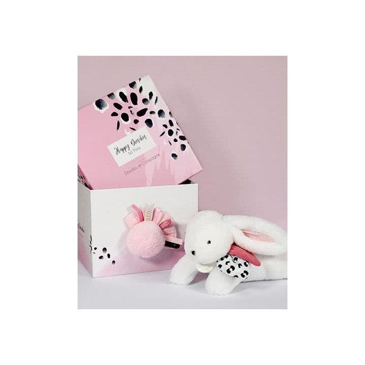 Doudou Dárková sada - Plyšový králíček s růžovou bambulkou 25 cm