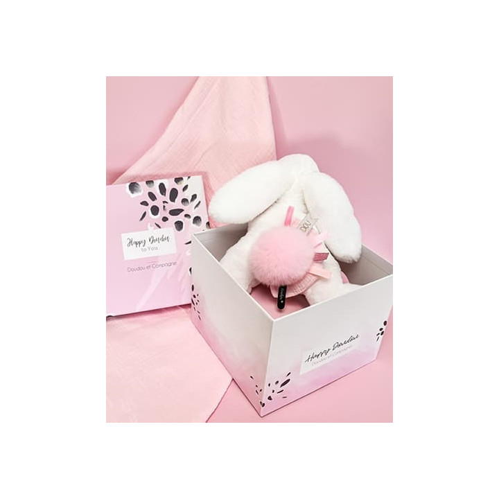Doudou Dárková sada - Plyšový králíček s růžovou bambulkou 25 cm