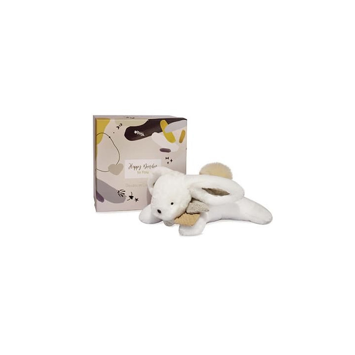 Doudou Dárková sada - Plyšový králíček s béžovou bambulkou 25 cm