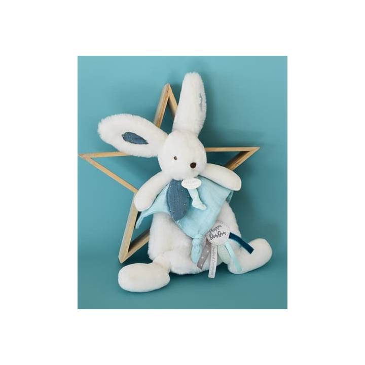 Doudou Dárková sada - Plyšový králíček s muchláčkem 25 cm modrá