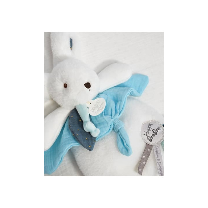 Doudou Dárková sada - Plyšový králíček s muchláčkem 25 cm modrá