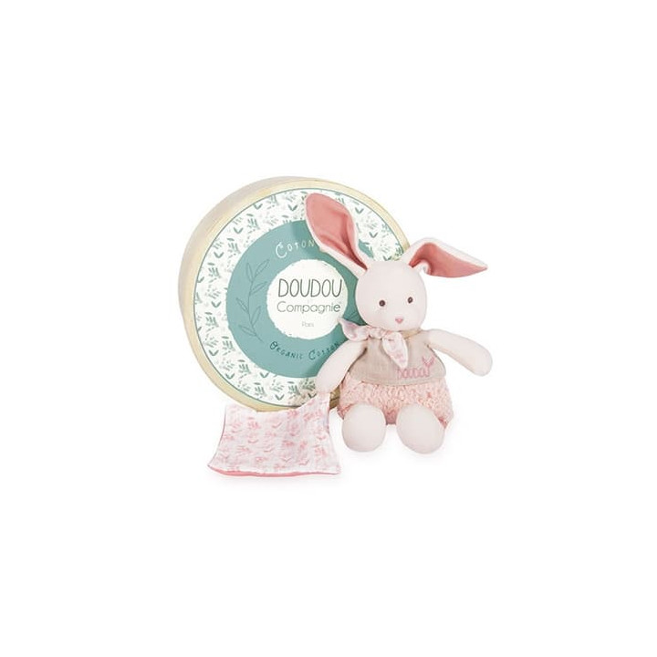 Doudou Dárková sada - Plyšový Ecru králiček s růžovou dečkou z BIO bavlny 22 cm