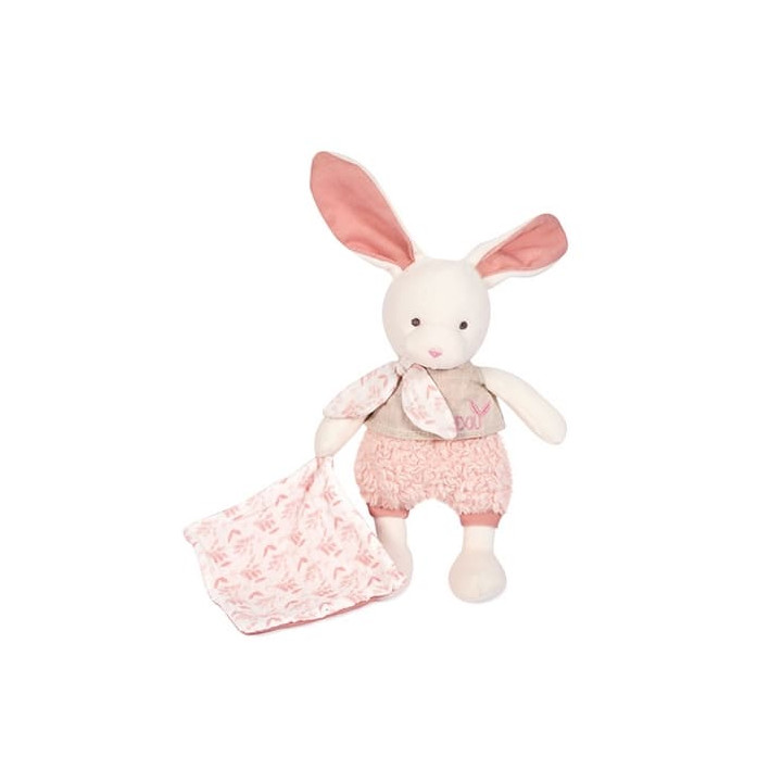 Doudou Dárková sada - Plyšový Ecru králiček s růžovou dečkou z BIO bavlny 22 cm
