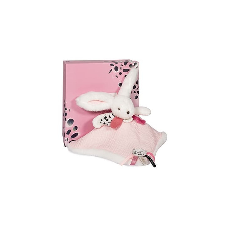 Doudou Dárková sada růžová - králíček s čtvercovou dečkou 25 cm