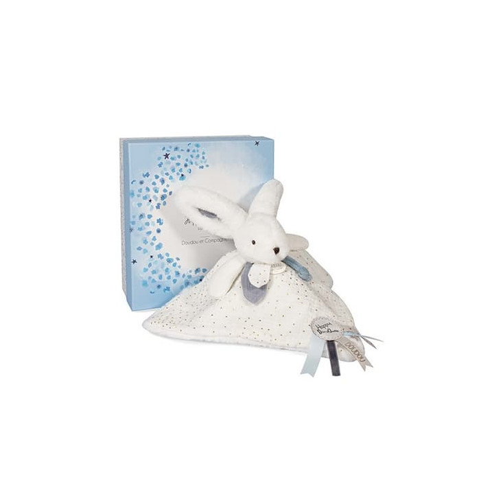 Doudou Dárková sada modrá - králíček s čtvercovou dečkou 25 cm