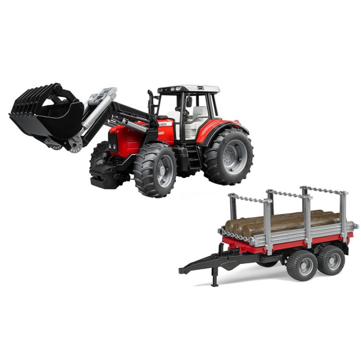 Bruder 2046 Massey Ferguson 7480 s čelním nakladačem a přepravníkem klád