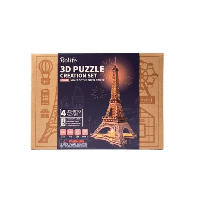 RoboTime 3D Dřevěné puzzle Rolife Noc Eiffelovy věže svítící