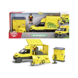 Dickie DHL žlutá dodávka s25 cm - set vozidla s figurkou a kurýrním kolem
