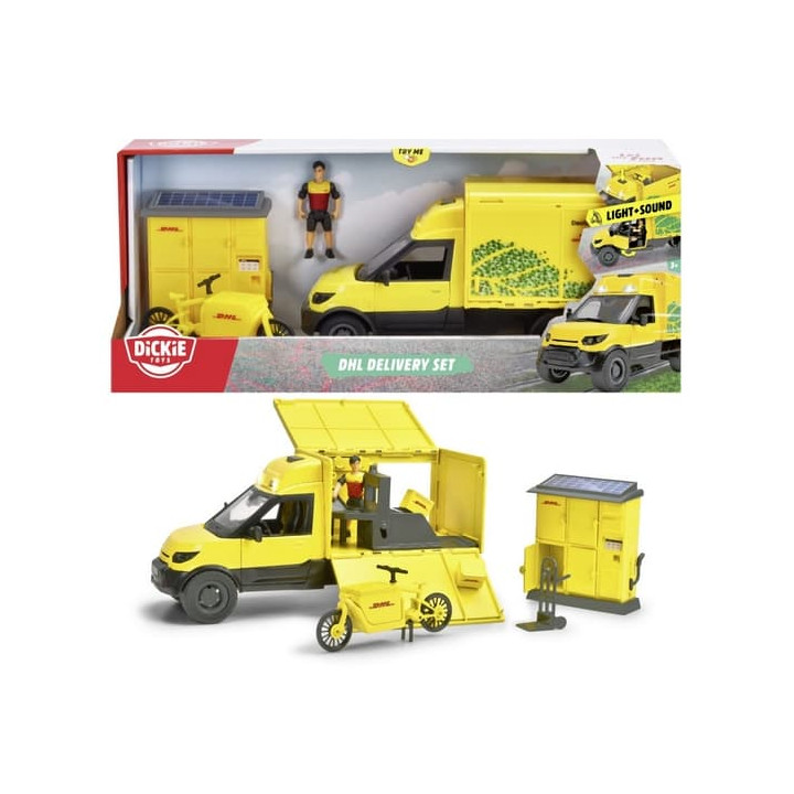 Dickie DHL žlutá dodávka s25 cm - set vozidla s figurkou a kurýrním kolem