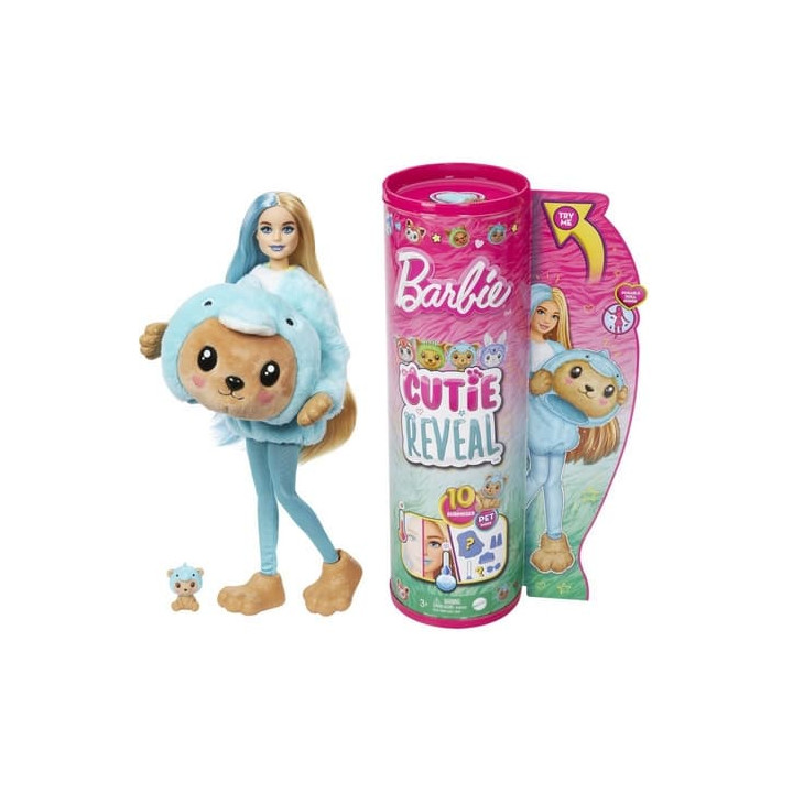 Barbie CUTIE REVEAL BARBIE V KOSTÝMU - MEDVÍDEK V MODRÉM KOSTÝMU DELFÍNA