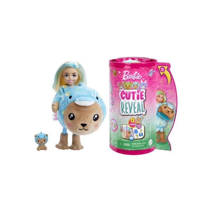 Barbie CUTIE REVEAL CHELSEA V KOSTÝMU - MEDVÍDEK V MODRÉM KOSTÝMU DELFÍNA
