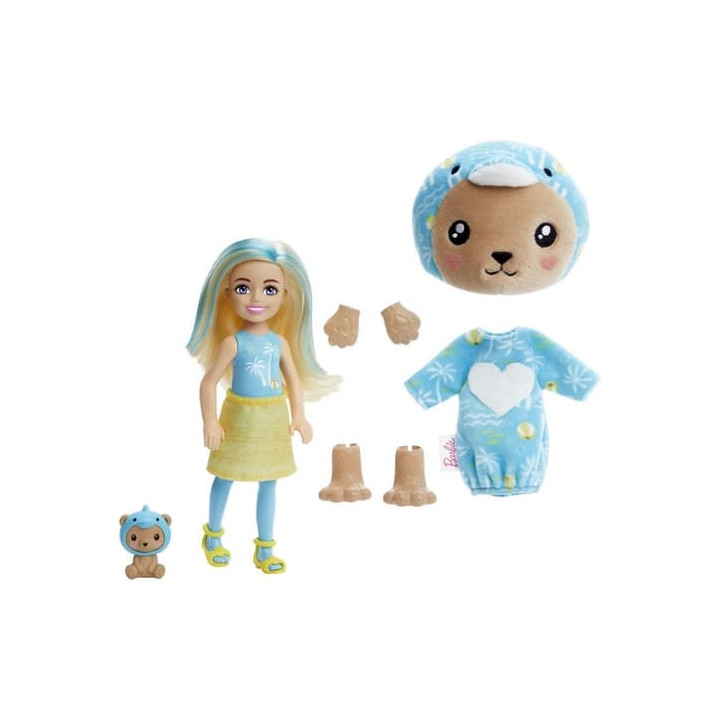 Barbie CUTIE REVEAL CHELSEA V KOSTÝMU - MEDVÍDEK V MODRÉM KOSTÝMU DELFÍNA
