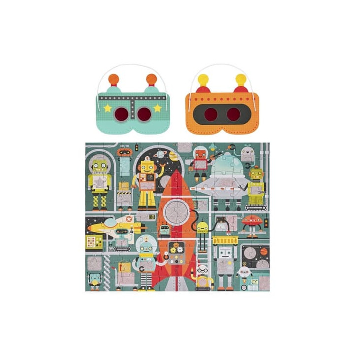 Petit Collage Puzzle roboti 100 ks s 3D brýlemi