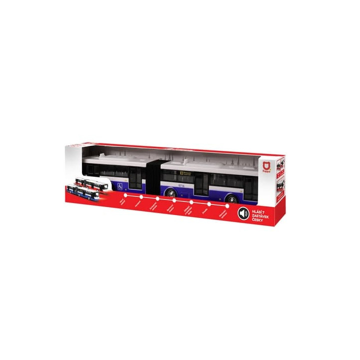 Kloubový autobus který hlásí zastávky česky 36 cm modrý