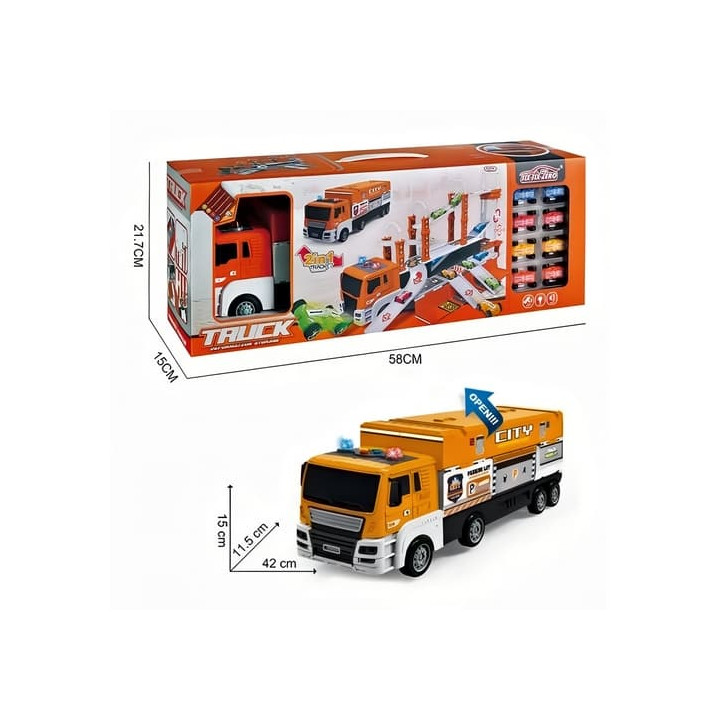 Oranžový kamion se závodní dráhou