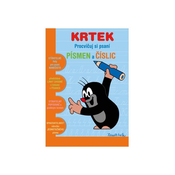 Stíratelný sešit "Procvičuj si písmena a číslice" + stíratelný popisovač - Krtek 2