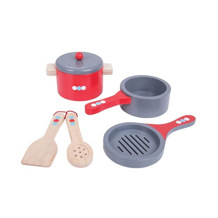 Bigjigs Toys Dřevěný set nádobí s puntíky