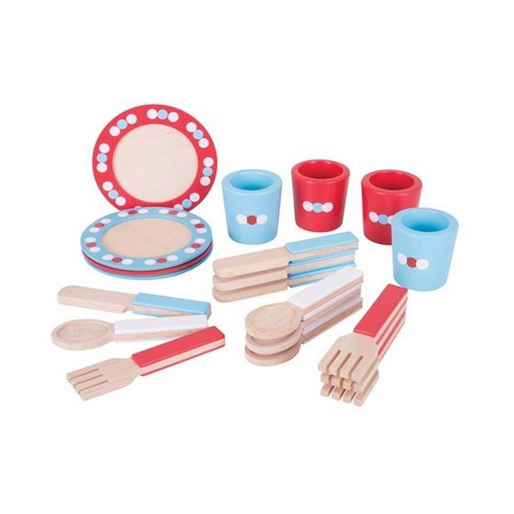 Bigjigs Toys Dřevěný jídelní servis s puntíky