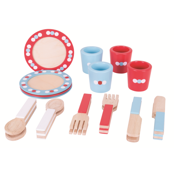 Bigjigs Toys Dřevěný jídelní servis s puntíky