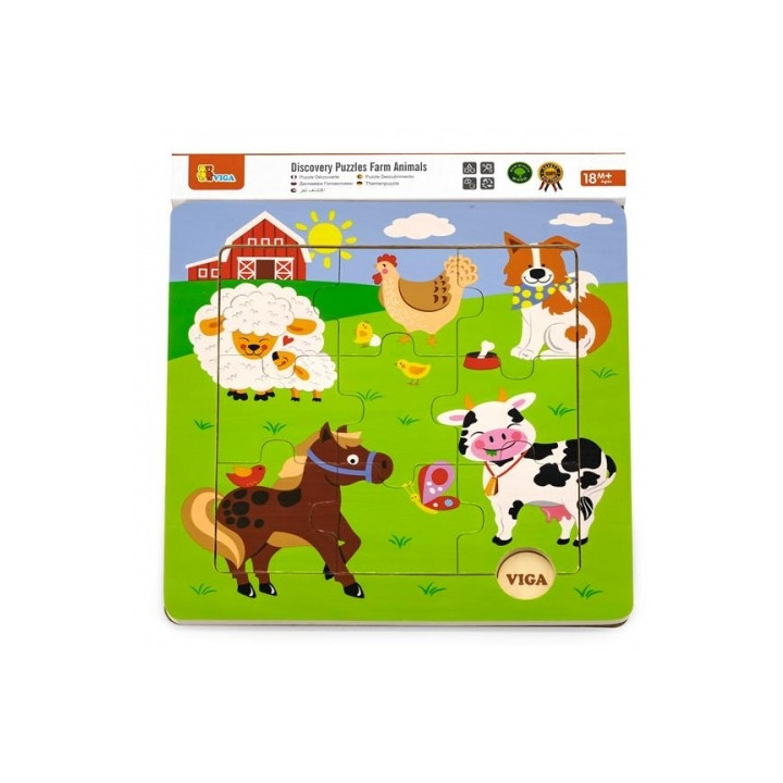 Viga Dřevěné puzzle 9 dílků - domácí zvířátka