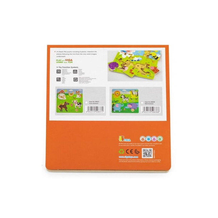 Viga Dřevěné puzzle 9 dílků - domácí zvířátka