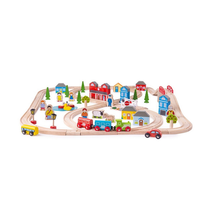 Bigjigs Rail Dřevěná vláčkodráha město a vesnice 101 dílů