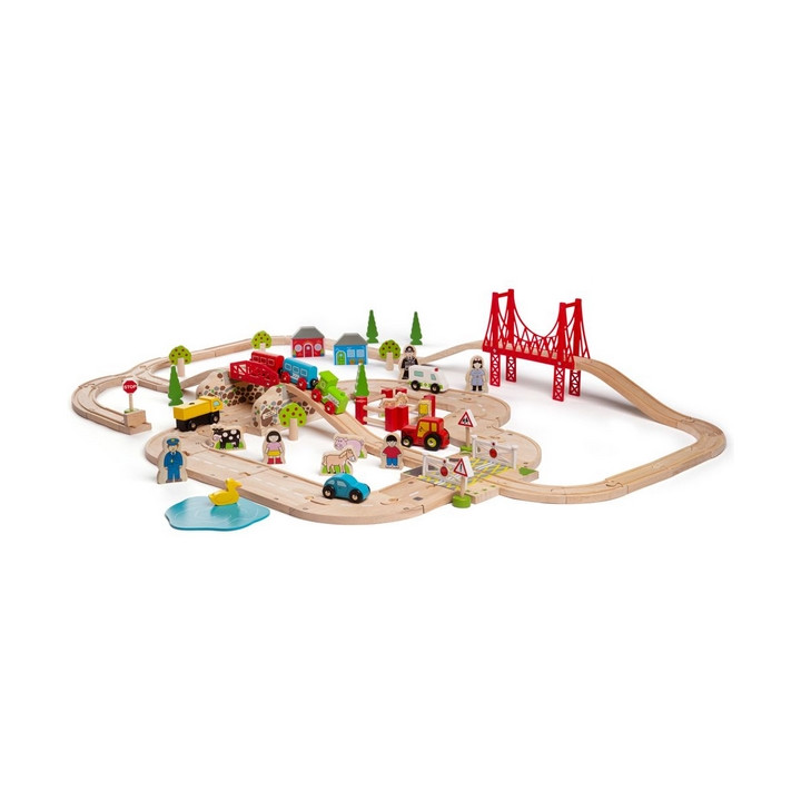 Bigjigs Rail Dřevěná vláčkodráha s venkovskou cestou 80 dílů