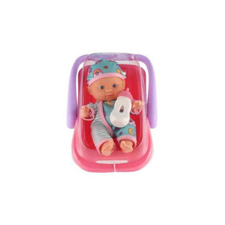 Panenka miminko 20 cm v nosítku/autosedačce s lahvičkou