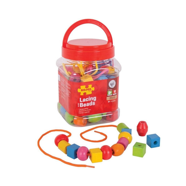 Bigjigs Toys Dřevěné navlékací korálky v dóze