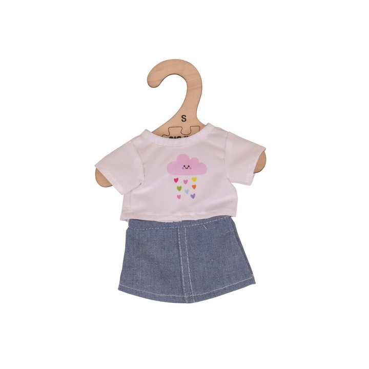 Bigjigs Toys Bílé tričko s riflovou sukní pro panenku 28cm