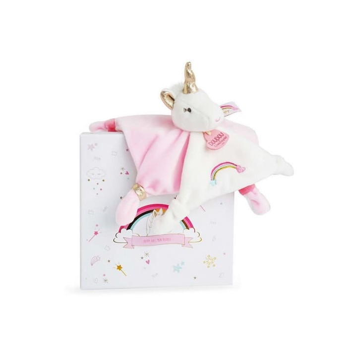Doudou Dárková sada - plyšový muchláček jednorožec růžový 20 cm