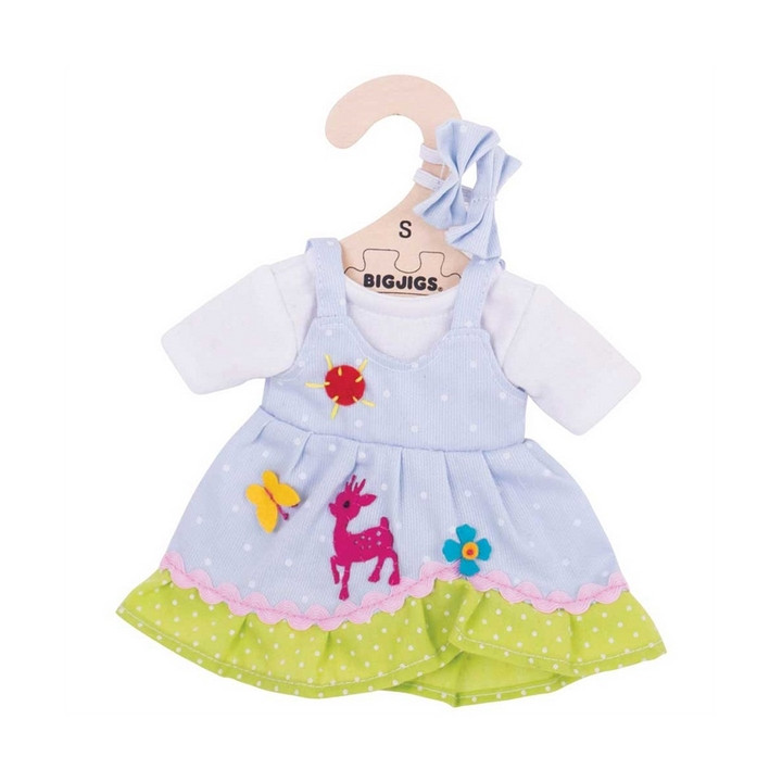 Bigjigs Toys Modré puntikované šaty s jelenem pro panenku 28 cm