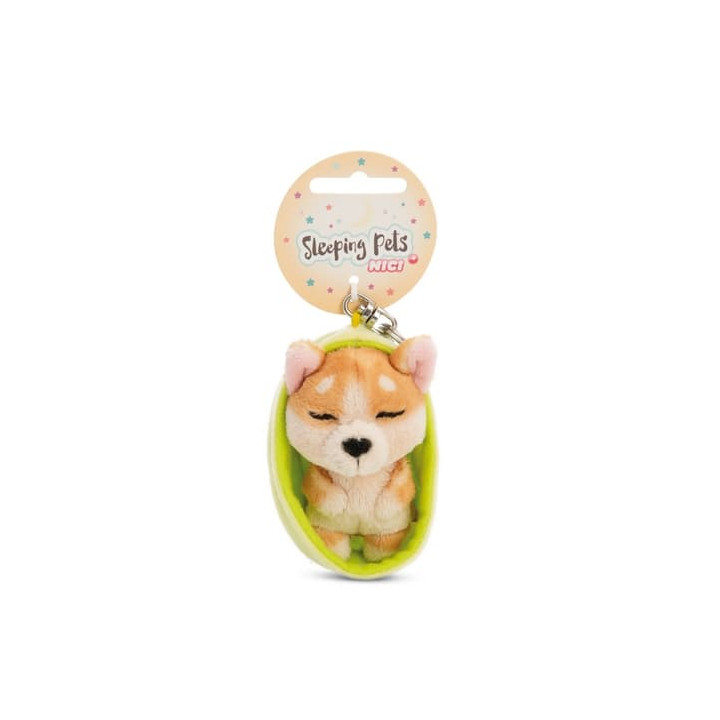 NICI klíčenka spící Pejsek Welsh Corgi 12 cm, světle zelený košík, GREEN
