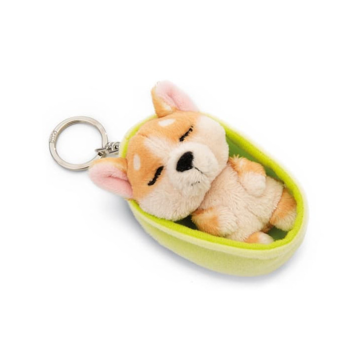 NICI klíčenka spící Pejsek Welsh Corgi 12 cm, světle zelený košík, GREEN