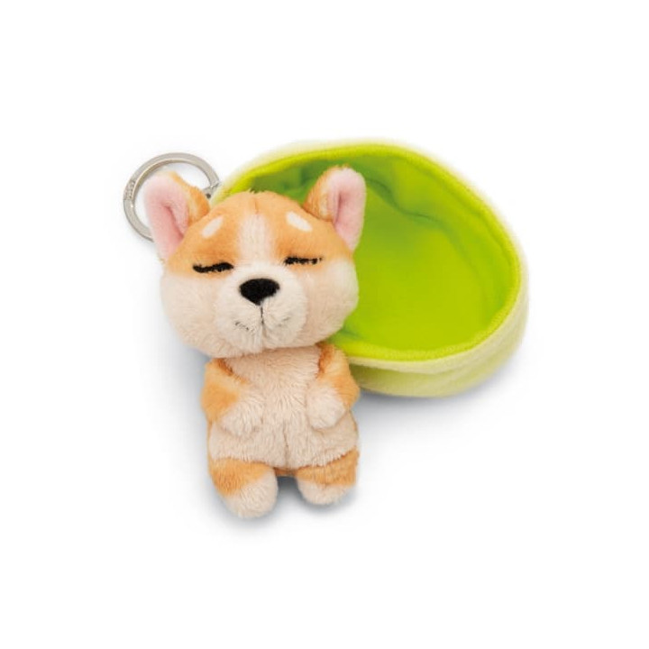 NICI klíčenka spící Pejsek Welsh Corgi 12 cm, světle zelený košík, GREEN