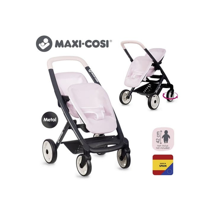 Sportovní kočárek pro panenky dvojčata Maxi Cosi světle růžový